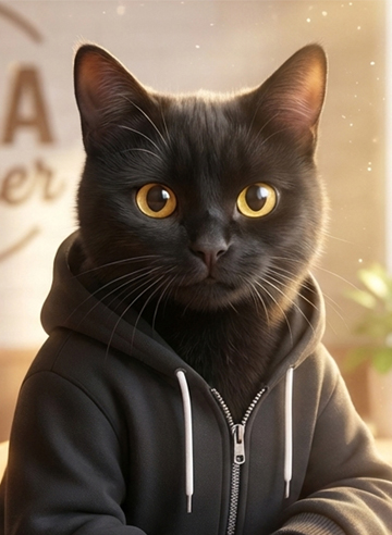 黒いパーカーを着た黒猫・クロエ