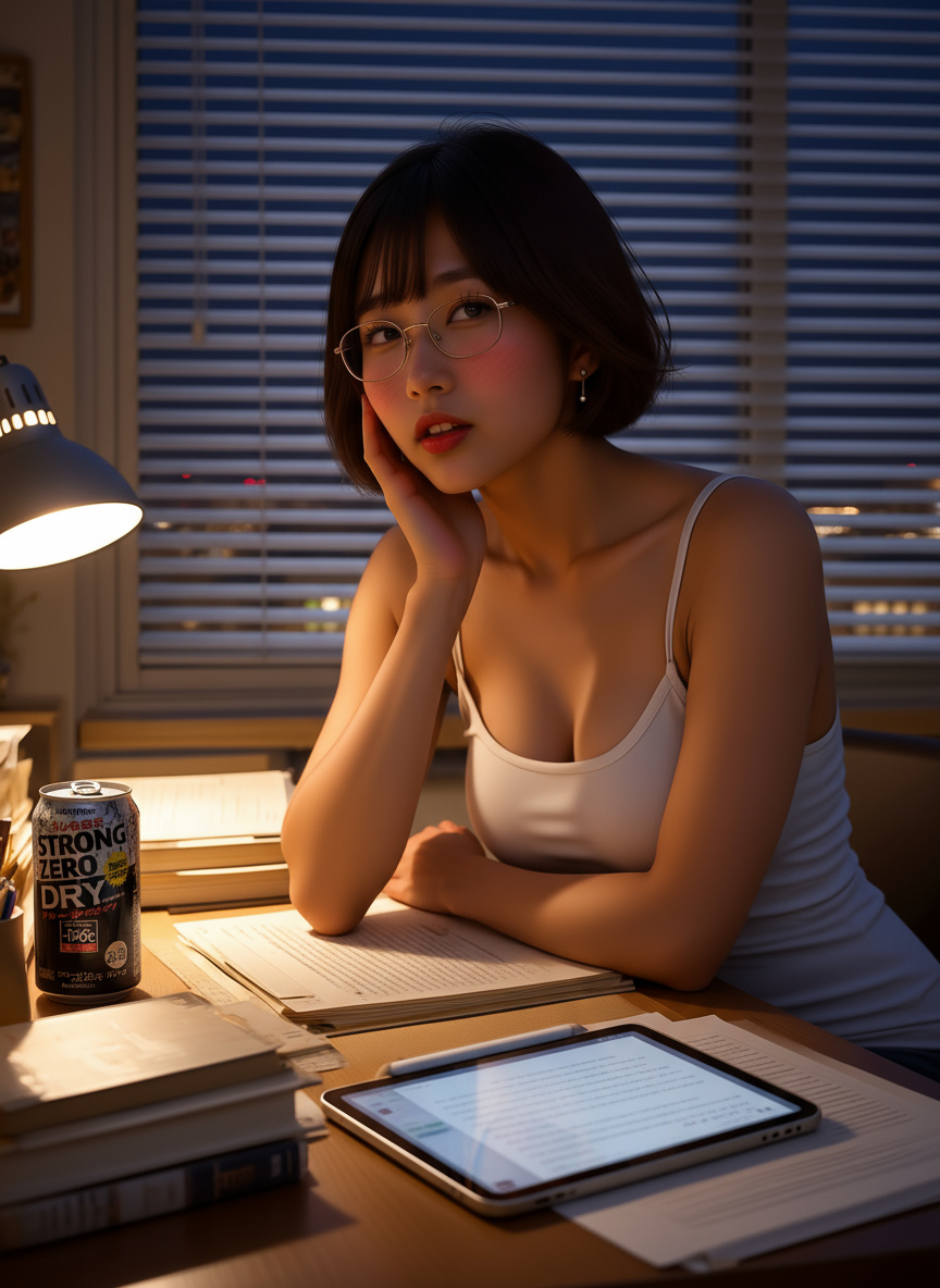 デスクライトの下で眼鏡をかけ、机に向かうみゆ