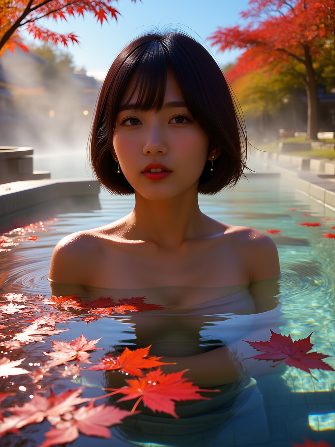紅葉の浮かぶ露天風呂で、肩まで湯につかるみゆ