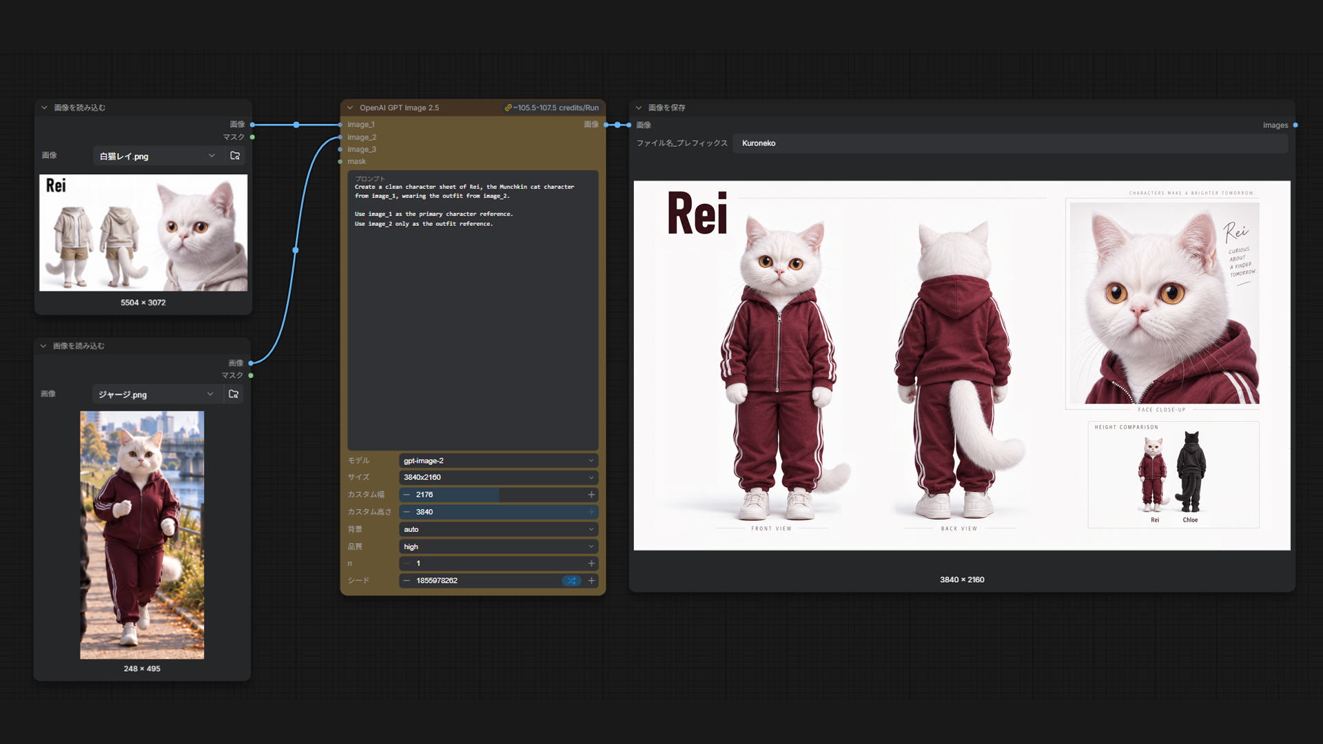 ComfyUIで白猫レイの元画像と衣装画像をつなぎ、赤いジャージ姿のキャラクターシートを生成する画面