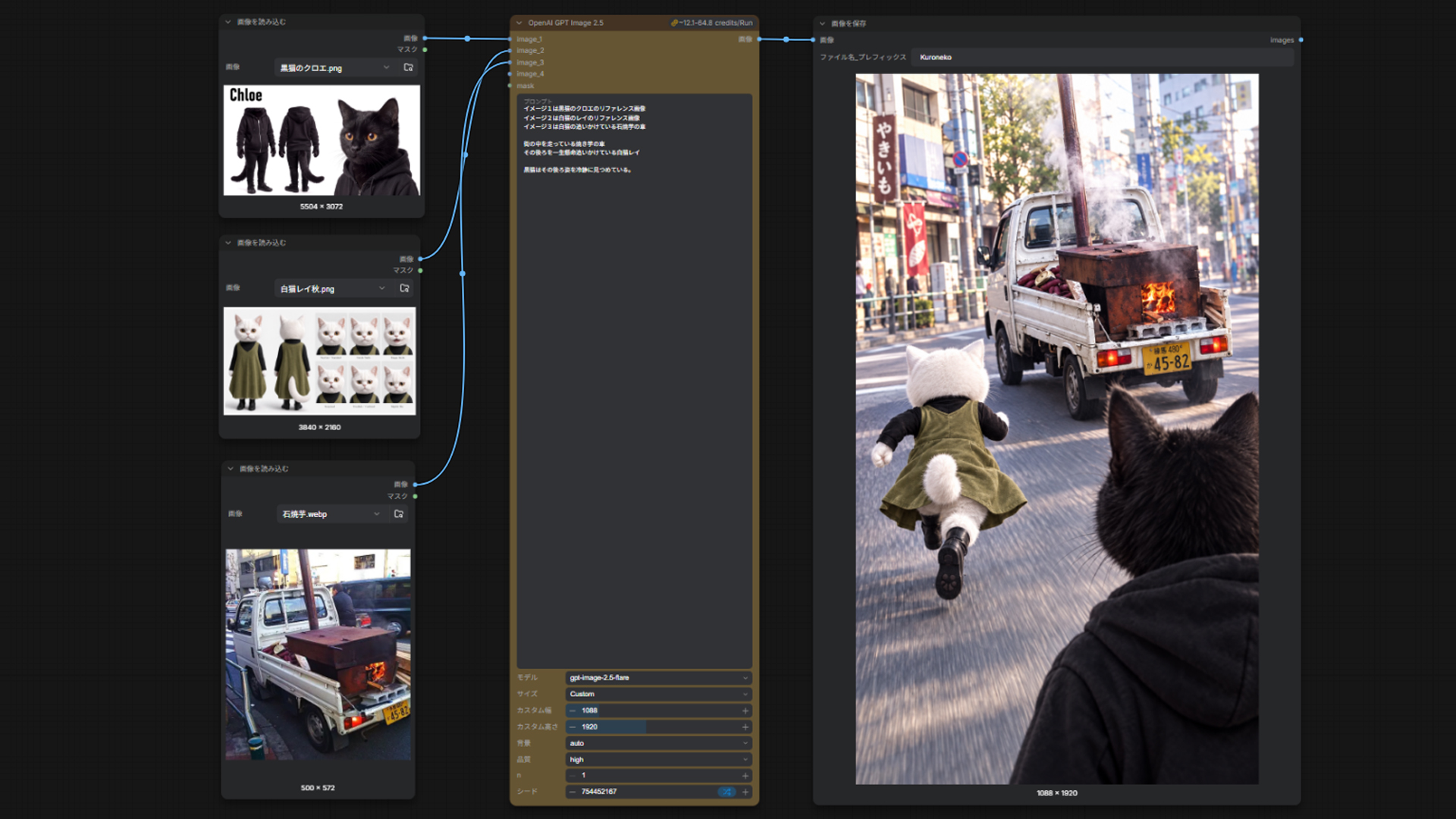 黒猫クロエと白猫レイのキャラクターシート、石焼き芋の車を参照して追いかける場面を作るComfyUIのワークフロー